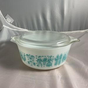 Pyrex 473 Butterprint (Amish) Turquoise on White Casserole Dish